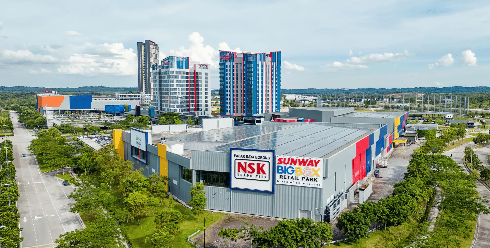 Aerial view of Sunway Big Box retail park and its planted surrounds